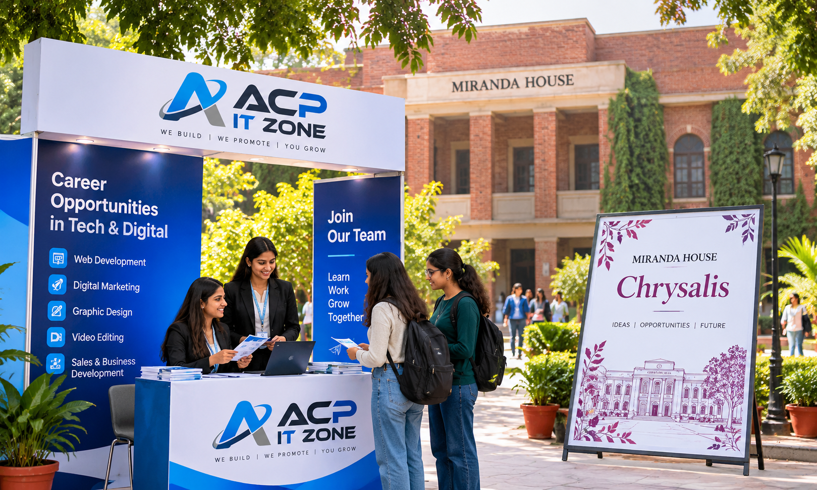 Conceptual illustration of a campus recruitment event at Miranda House