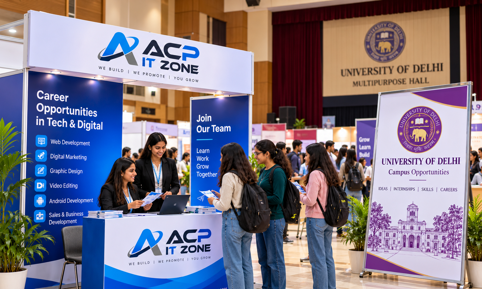 Conceptual illustration of the ACP IT ZONE booth inside the University of Delhi Multipurpose Hall